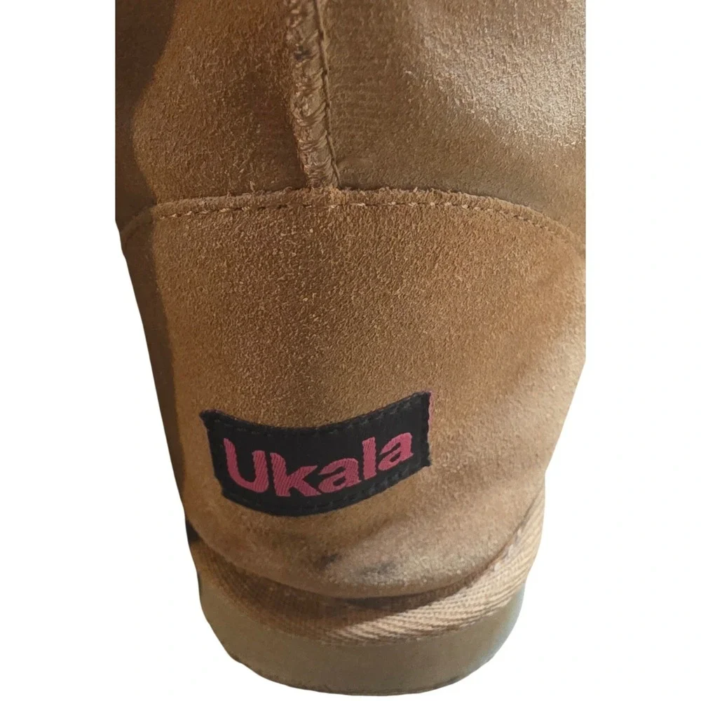 Ukala Sydney Women 8 Tall Suede Sheepskin Boot Tan Lace Up Back Merino Wool